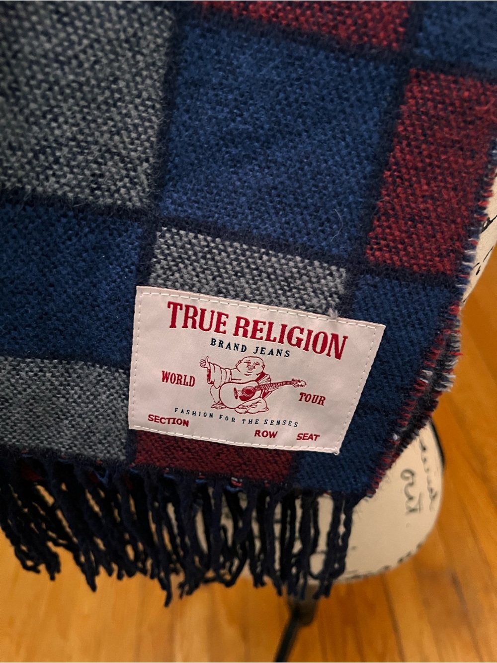 True Religion Navy, Gray & Burgundy Plaid Fringe Scarf